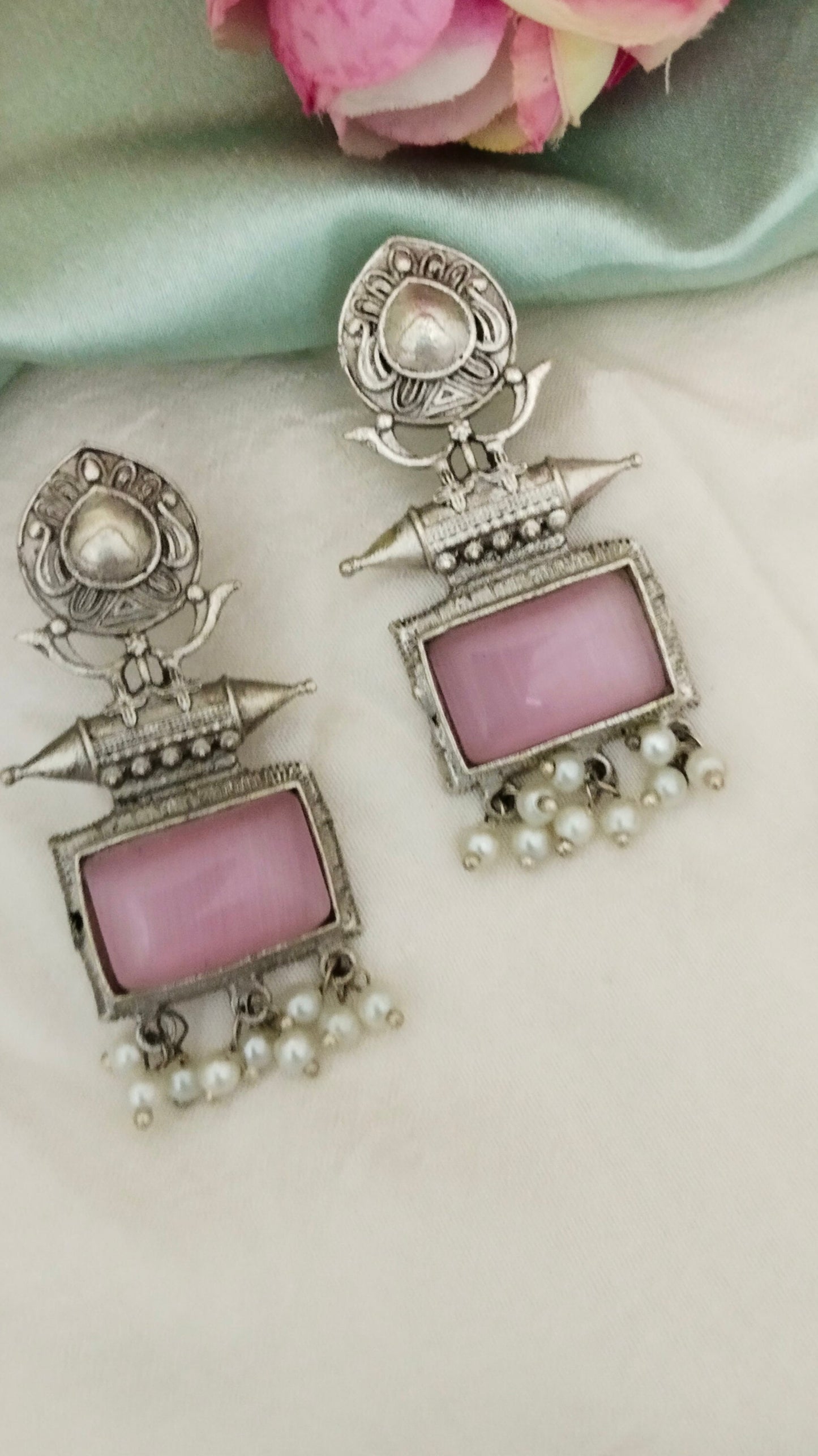 Silver Replica rectangle shaped  monalisa stone earring in pink ,sky blue & Black