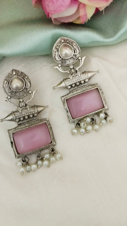 Silver Replica rectangle shaped  monalisa stone earring in pink ,sky blue & Black