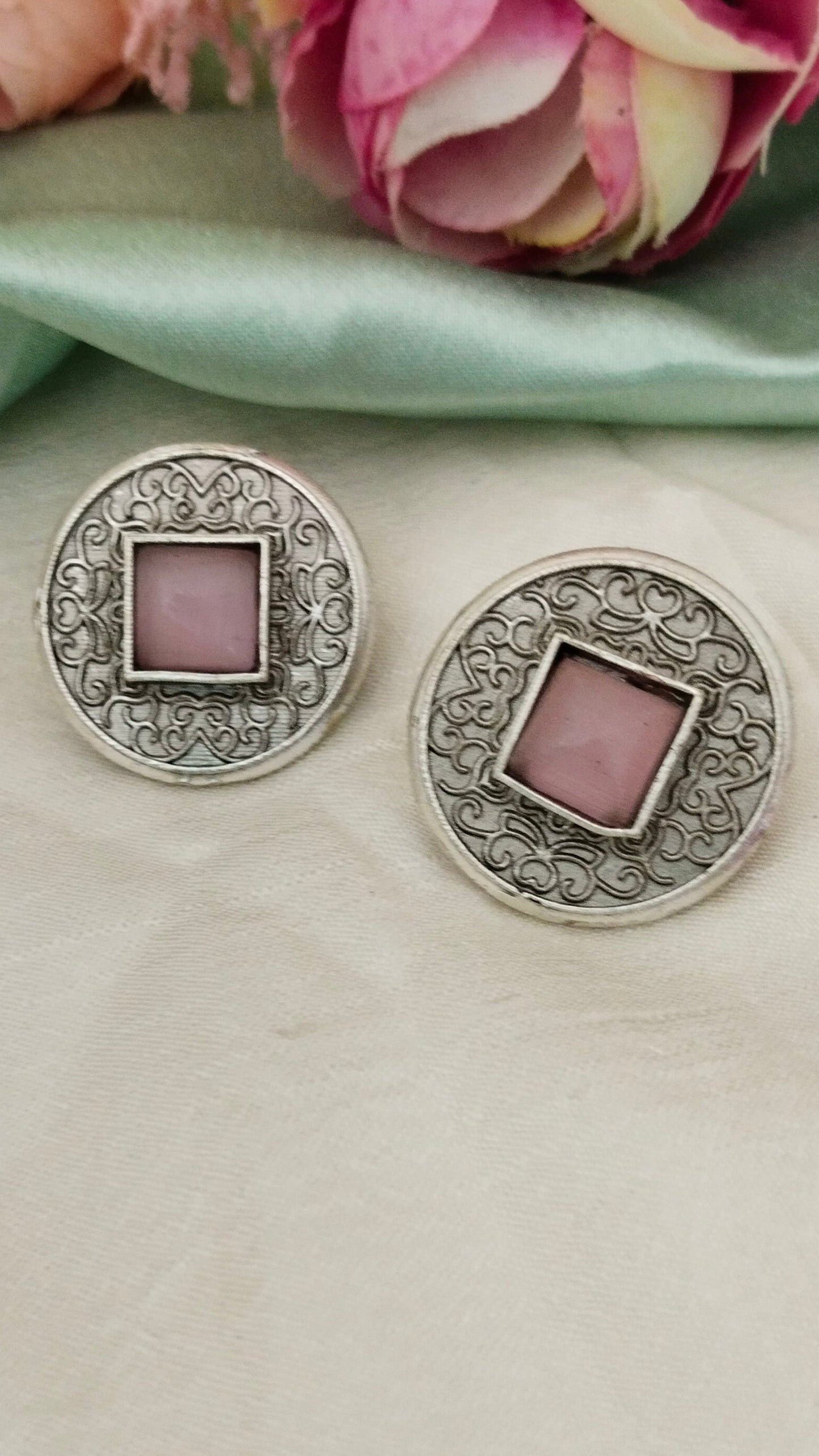 Silver Replica self designed  turquoise, Red  & pink monalisa stone circle earring