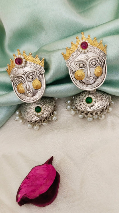 Silver replica goddess durga face earring