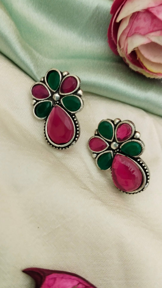 silver Replica Flower Earring in magenta with green color
