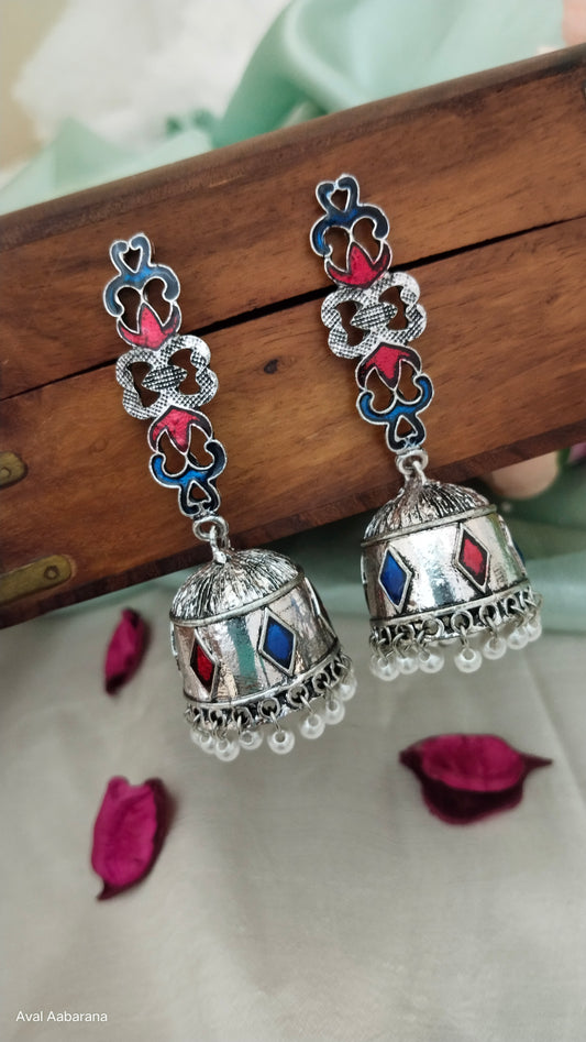 Silver Tone branded quality Jhumka in blue with maroon
