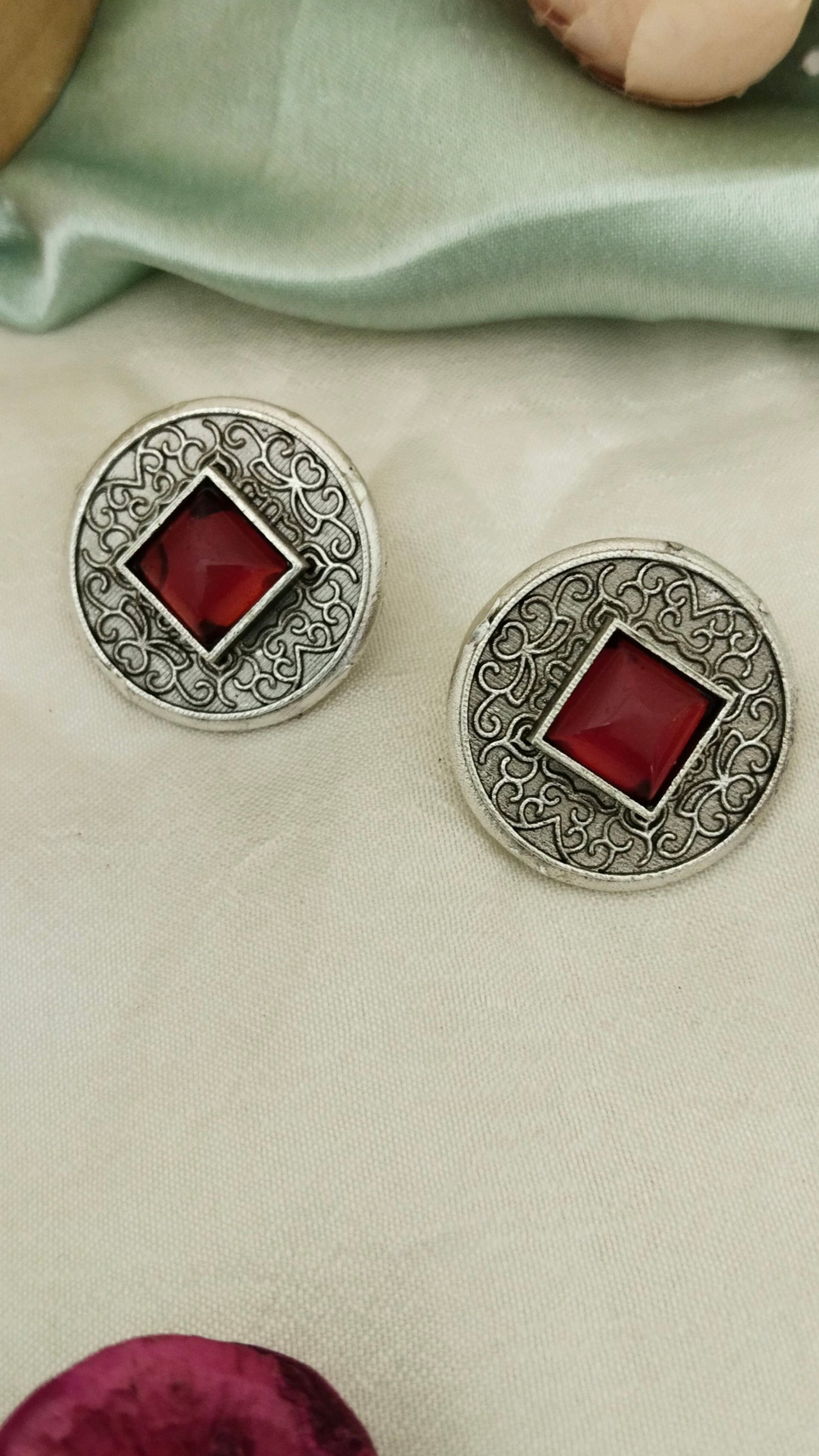 Silver Replica self designed  turquoise, Red  & pink monalisa stone circle earring