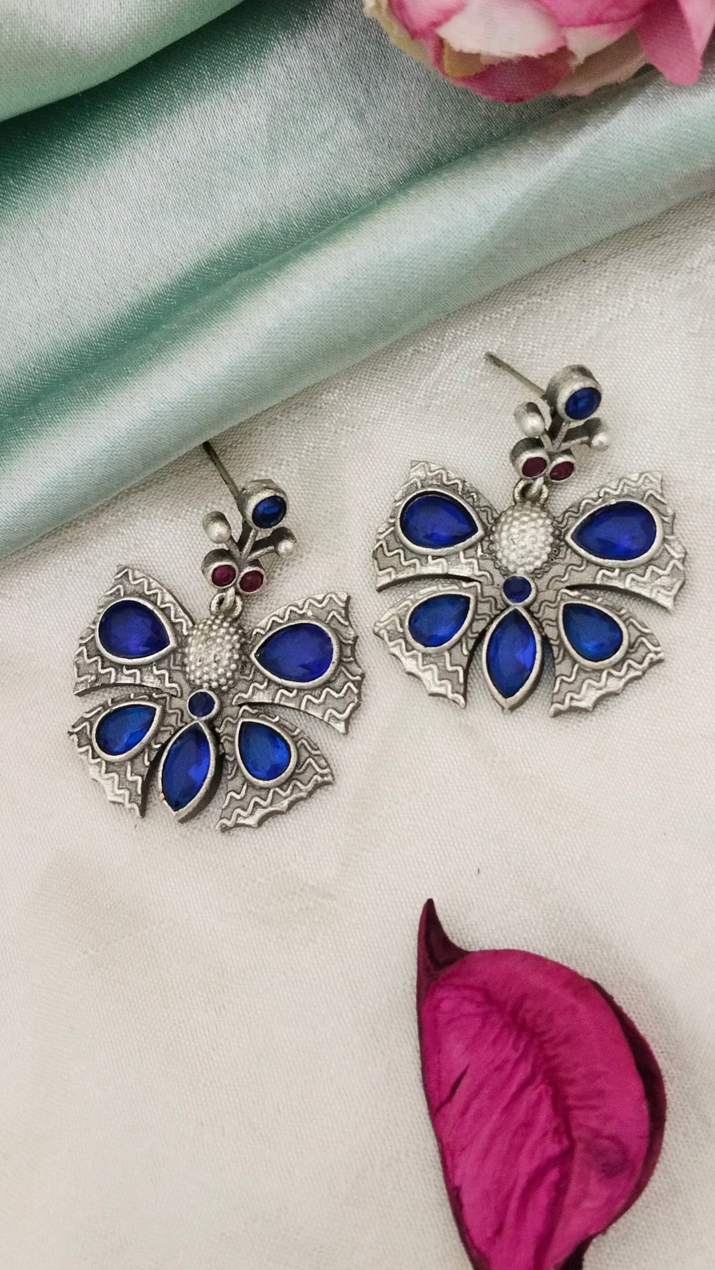 silver Replica beautiful Buterfly drop earring in royal blue & magenta