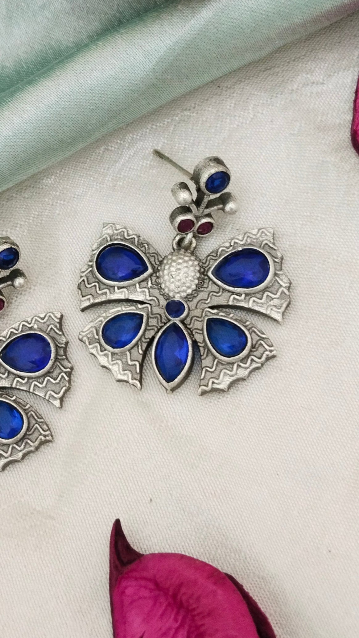 silver Replica beautiful Buterfly drop earring in royal blue & magenta