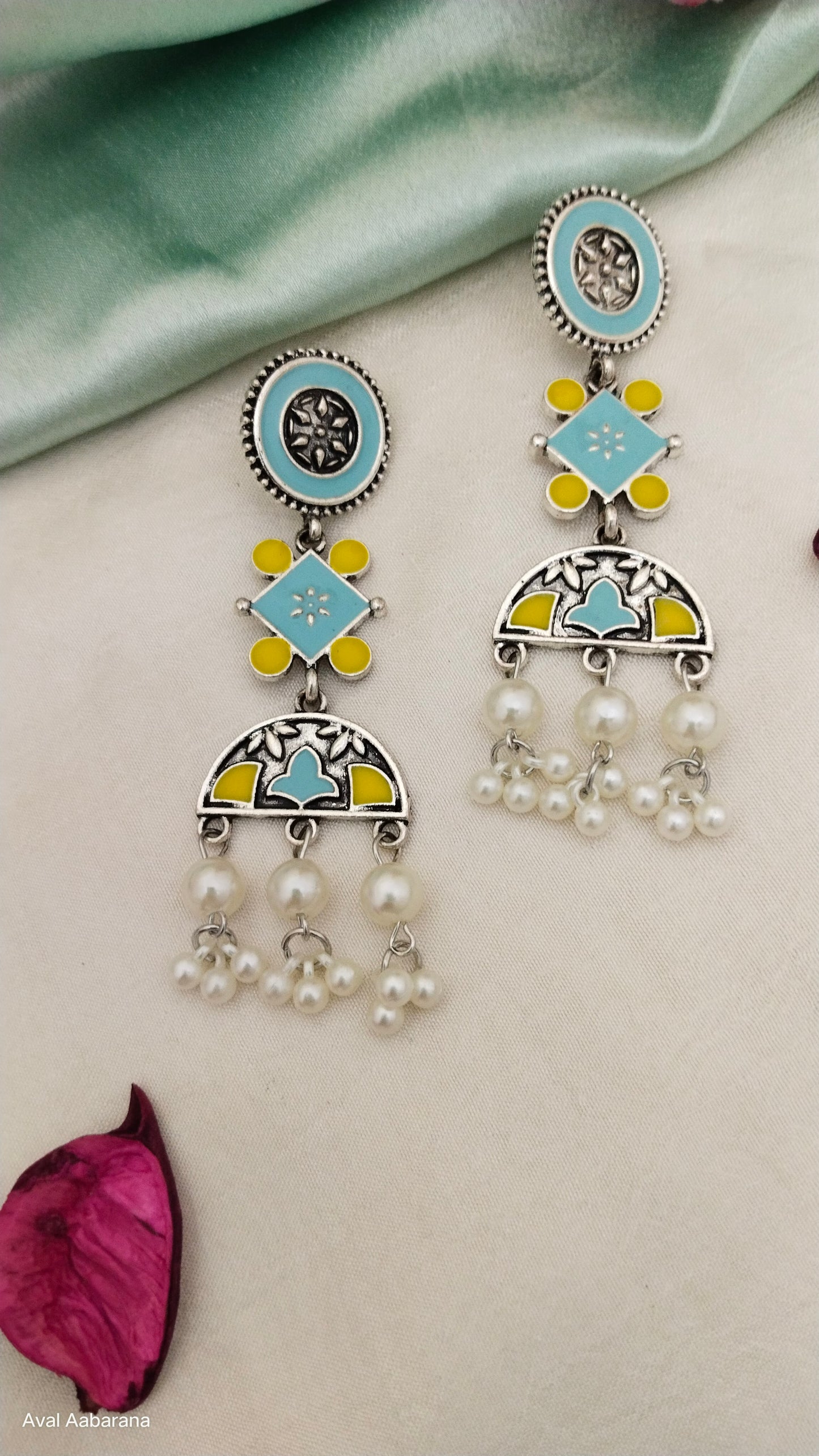 Enameled turquoise & yellow earring