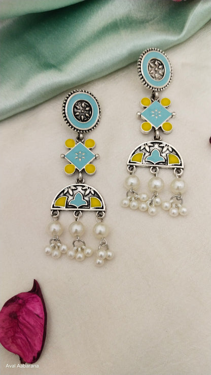 Enameled turquoise & yellow earring