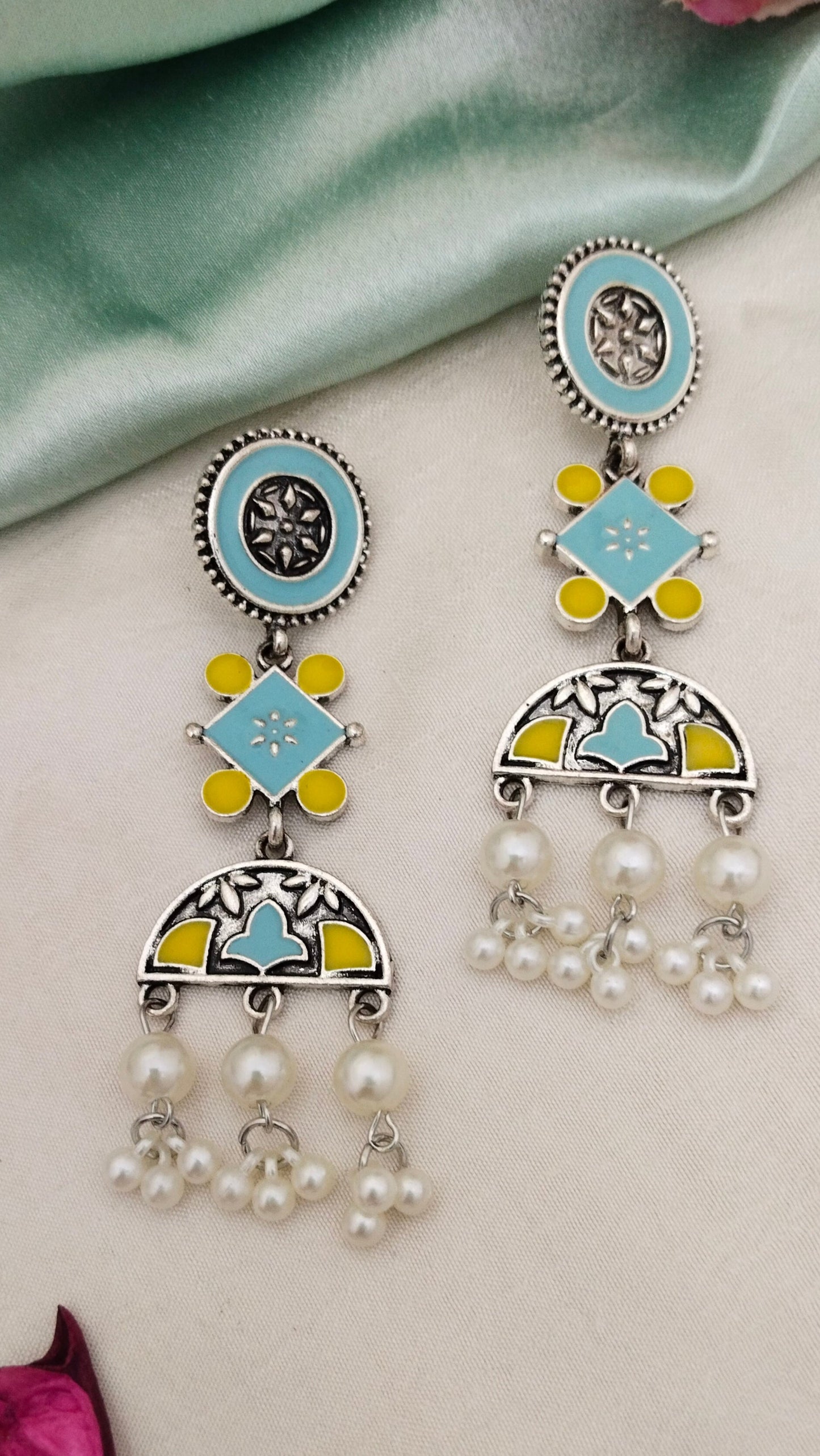 Enameled turquoise & yellow earring