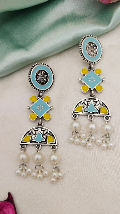 Enameled turquoise & yellow earring