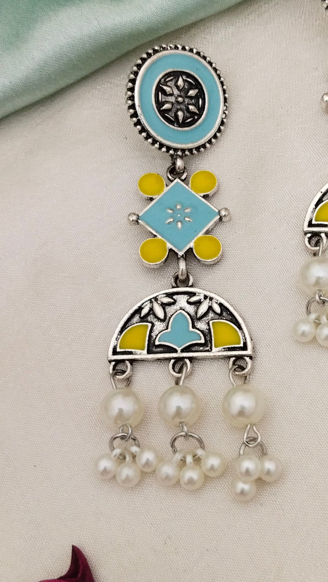 Enameled turquoise & yellow earring