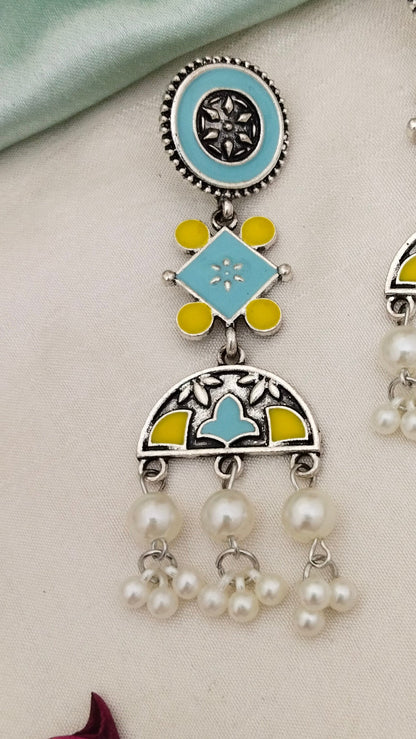 Enameled turquoise & yellow earring