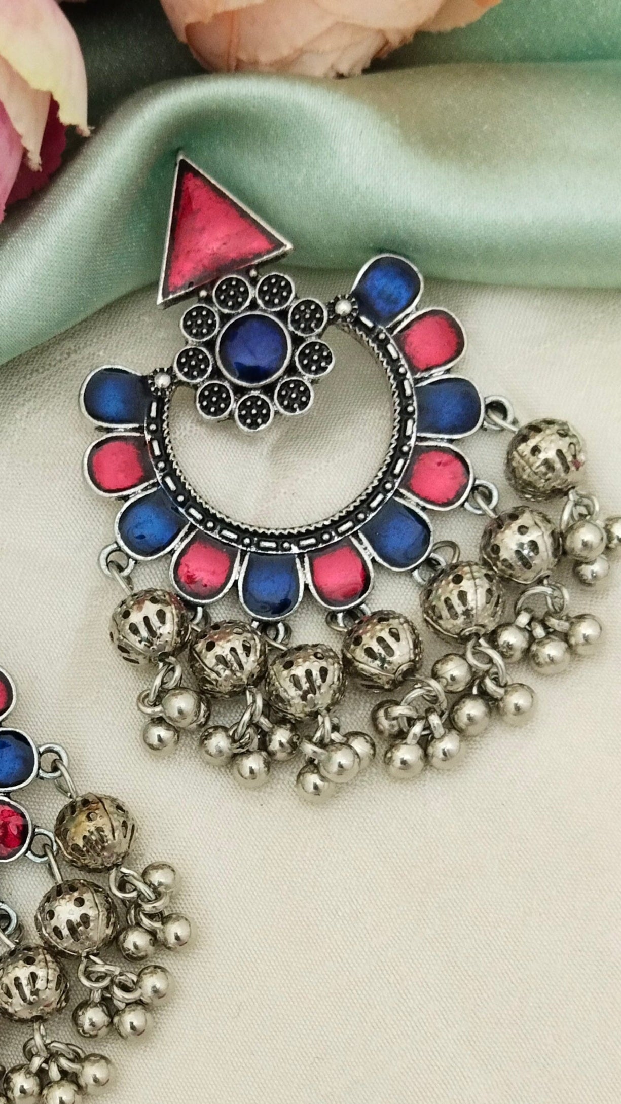 Enameled  Blue & red chandbali earring