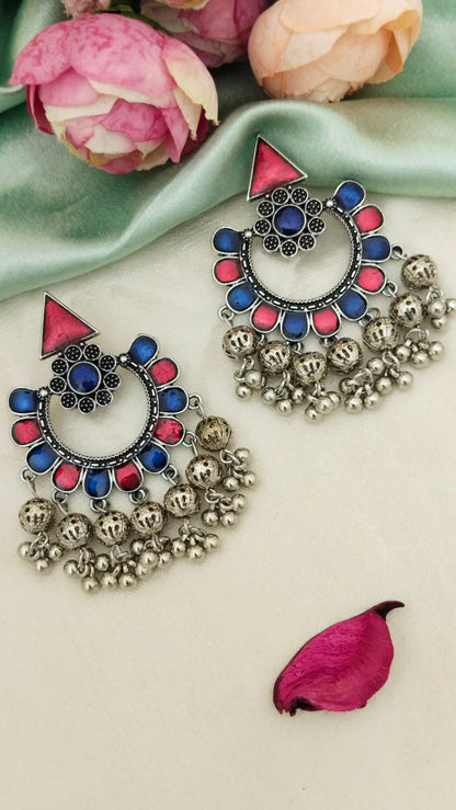 Enameled  Blue & red chandbali earring