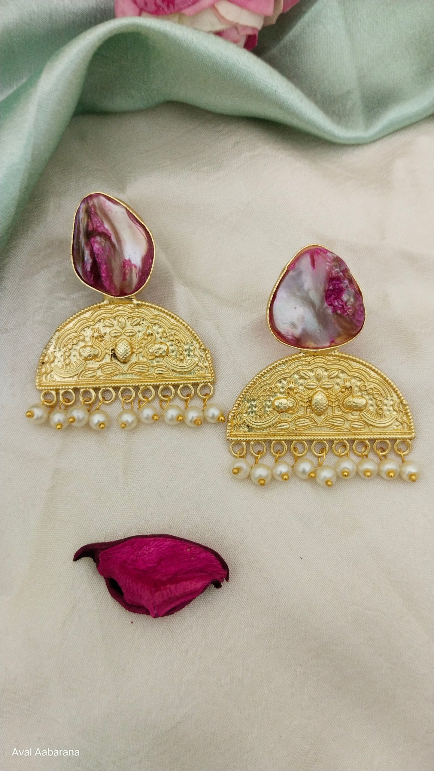 Green & pink  mother of pearl earring with pearl adorned