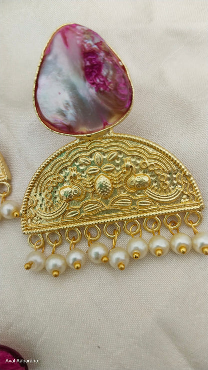 Green & pink  mother of pearl earring with pearl adorned