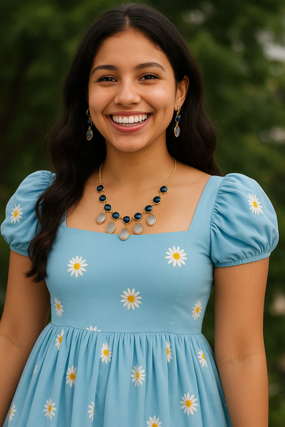 Blue& whitish grey stone charm necklace with earring