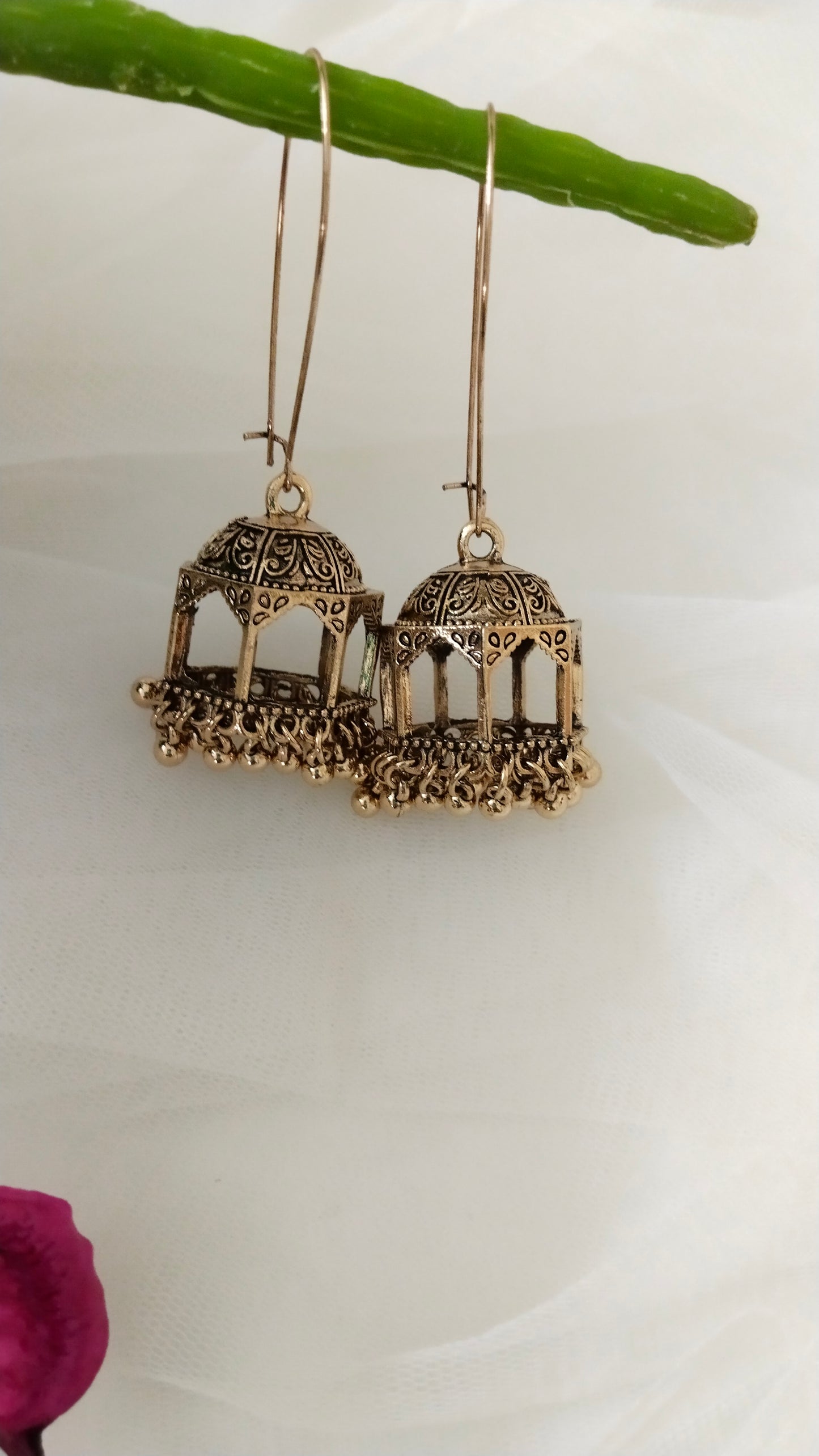 Long hook Jhumka in silver tone & Antique tone