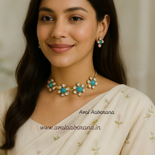 Turquoise stone with kundan stone premium necklace/ choker with earrings