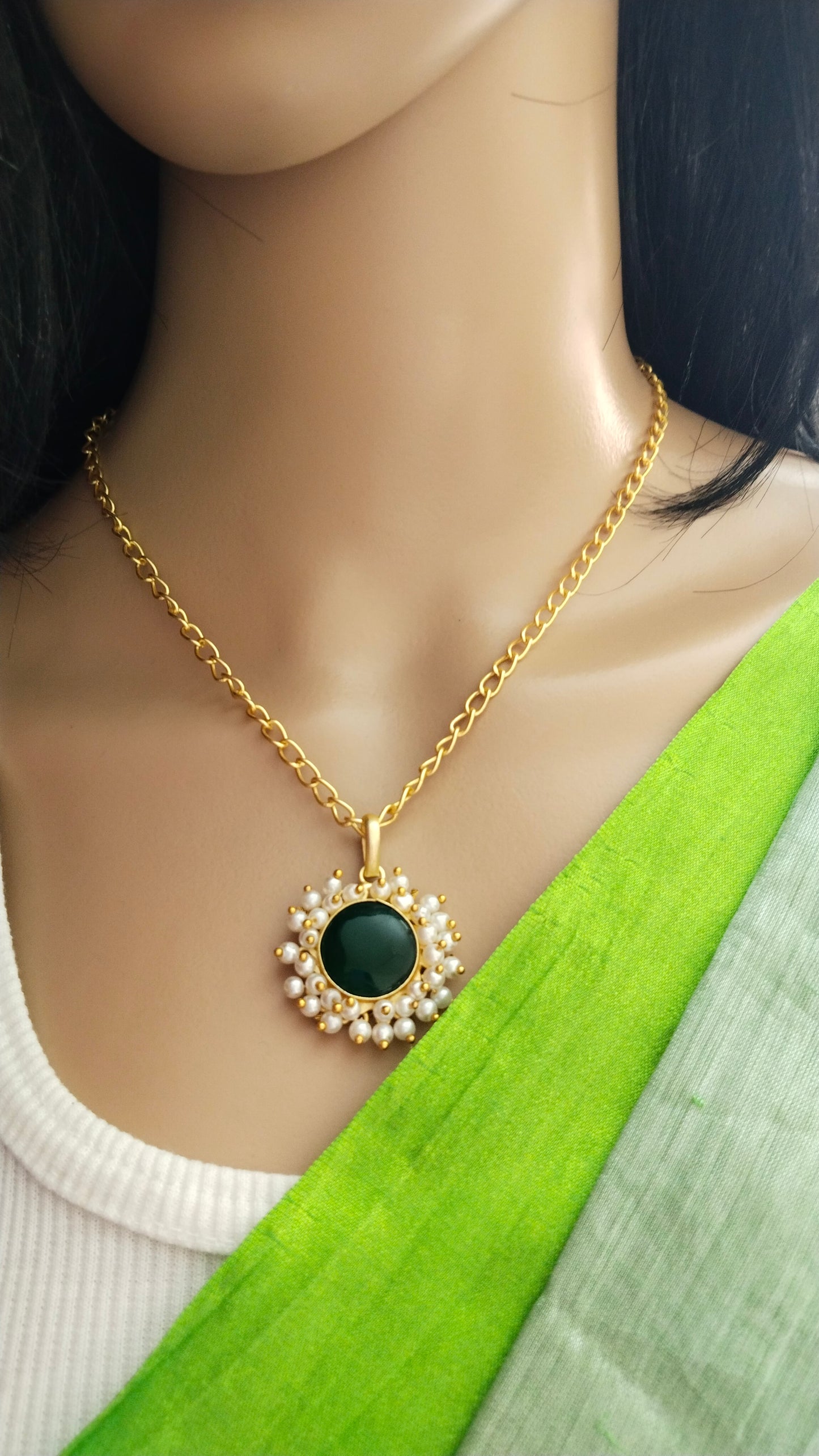 Monalisa stone, adorned with pearl pendant chain combo of chain, earring & a Finger Ring