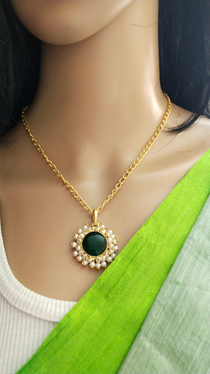 Monalisa stone, adorned with pearl pendant chain combo of chain, earring & a Finger Ring