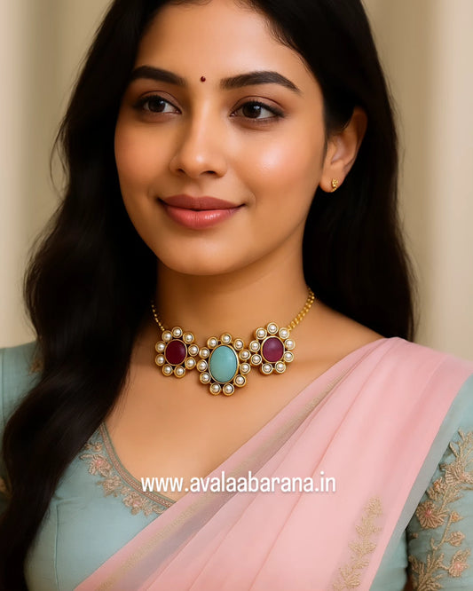 Multicolour monalisa stone Brass necklace/ choker with earring