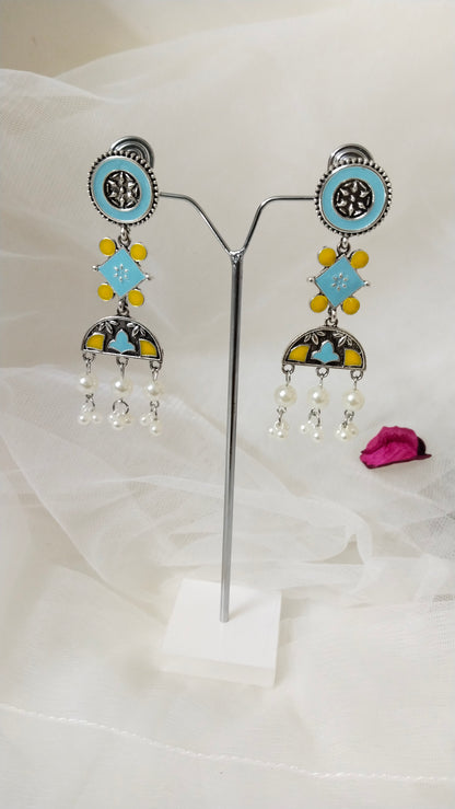 Enamelled turquoise with yellow dangler earring