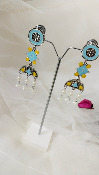 Enamelled turquoise with yellow dangler earring