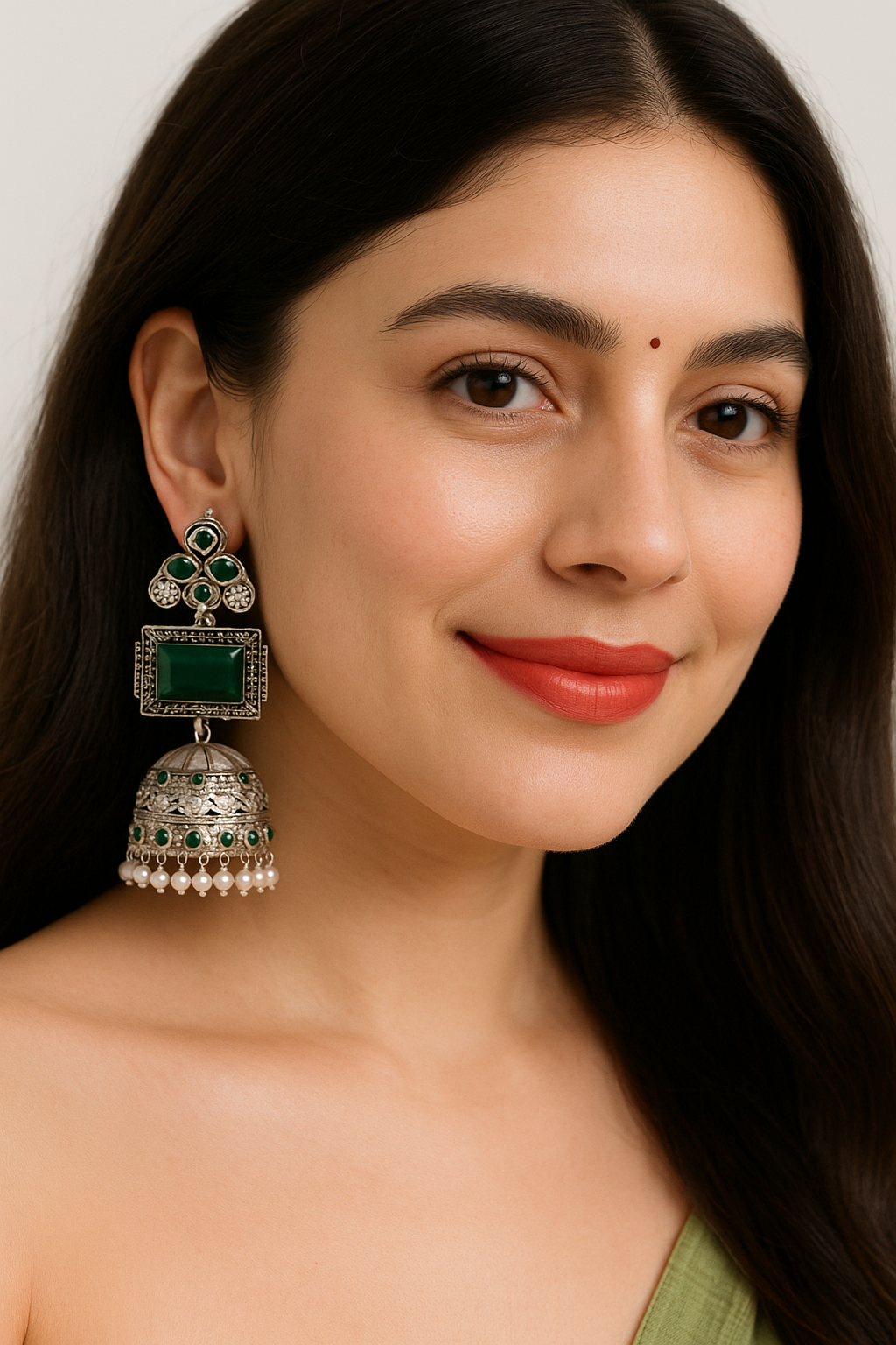 Silver Replica Emerald green royal Jhumka