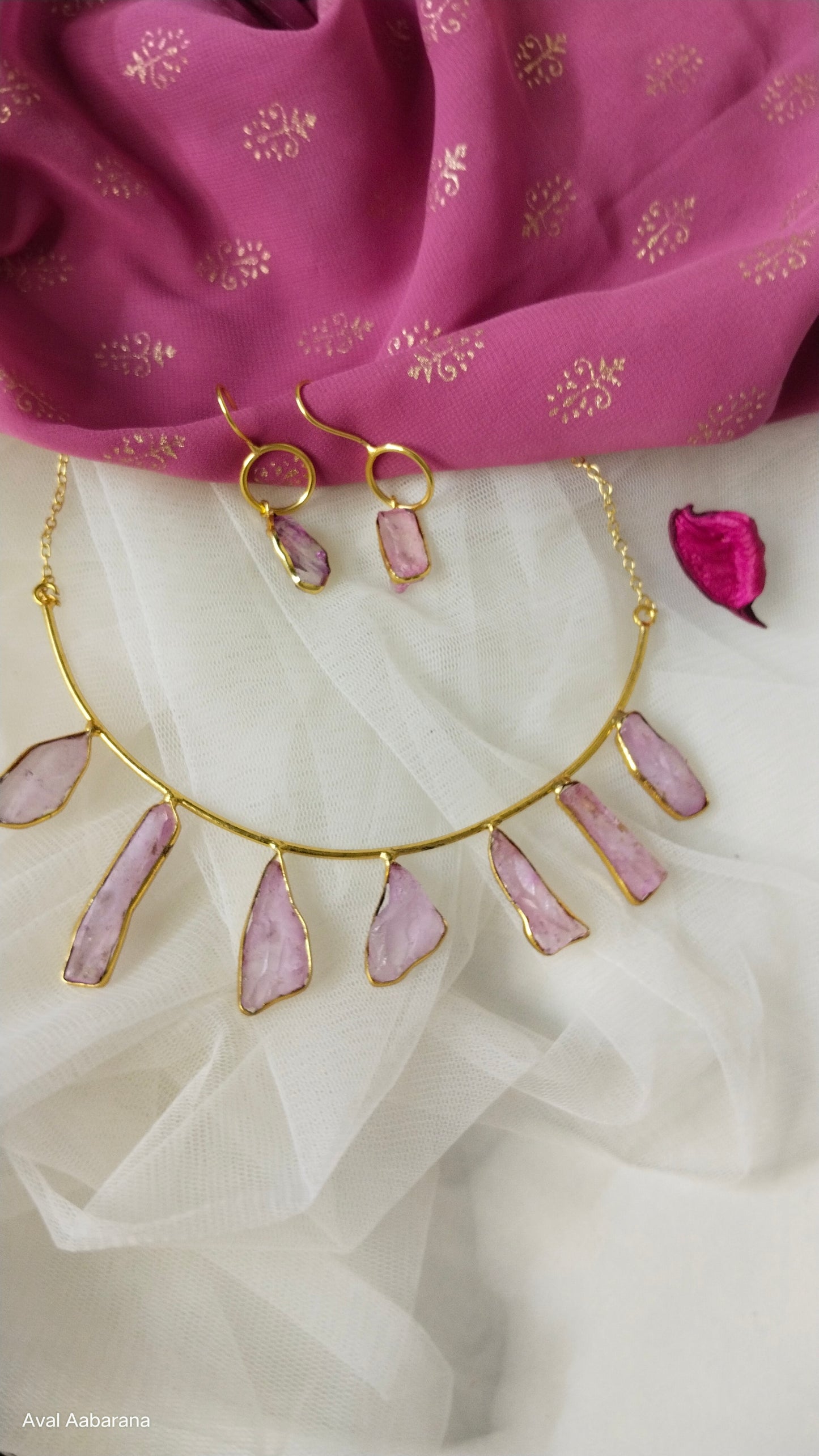 BR1090 - Exclusive Raw stone Husli choker with pretty Earring in sky blue, purple & ice blue colors