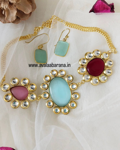 BM201 Multicolour monalisa stone Brass necklace/ choker with earring