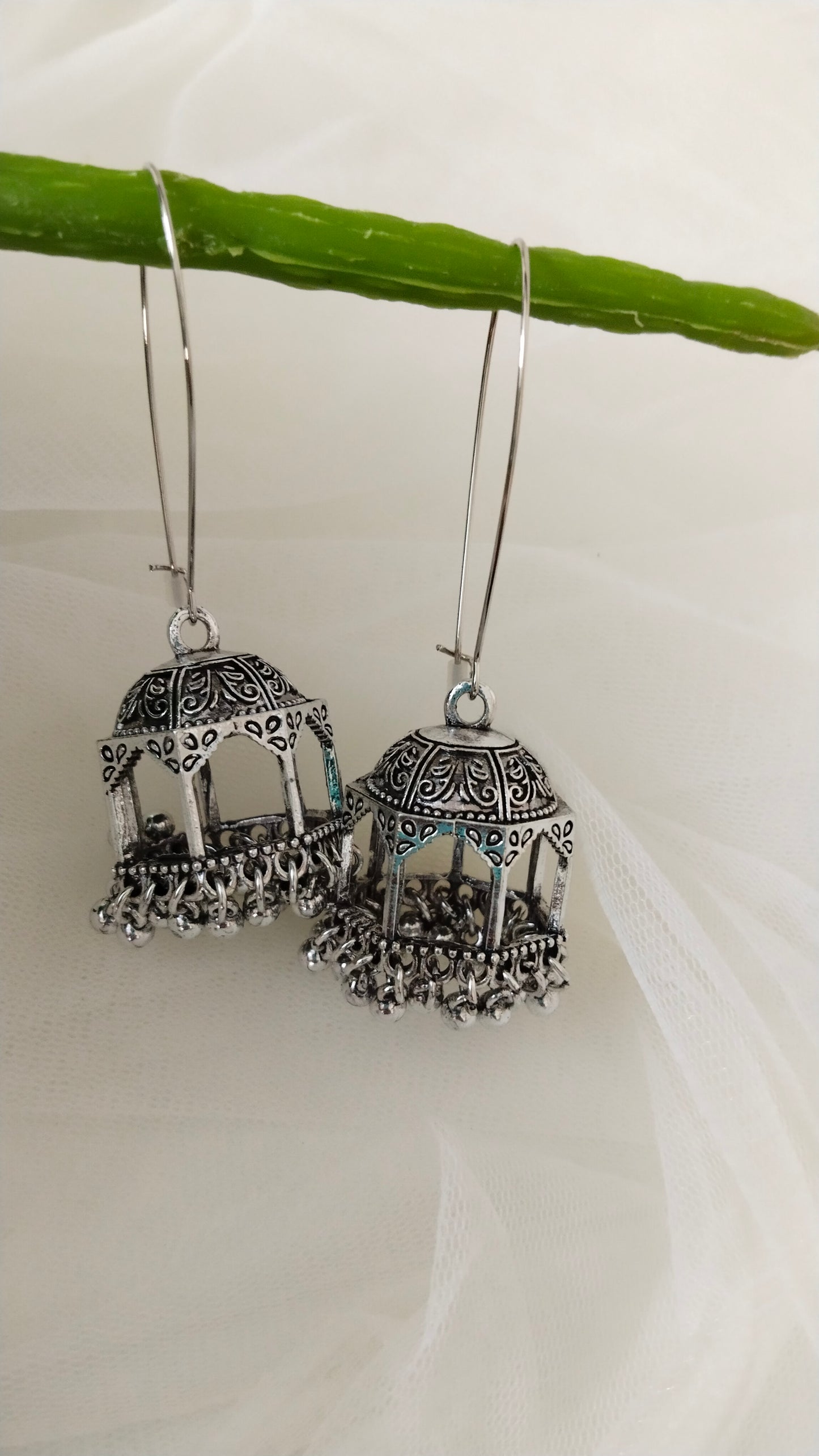 Long hook Jhumka in silver tone & Antique tone