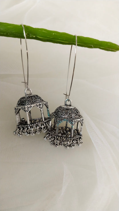 Long hook Jhumka in silver tone & Antique tone
