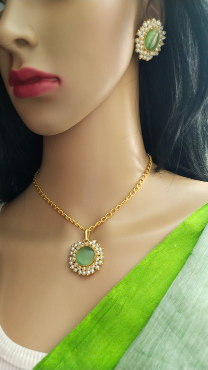 Monalisa stone, adorned with pearl pendant chain combo of chain, earring & a Finger Ring