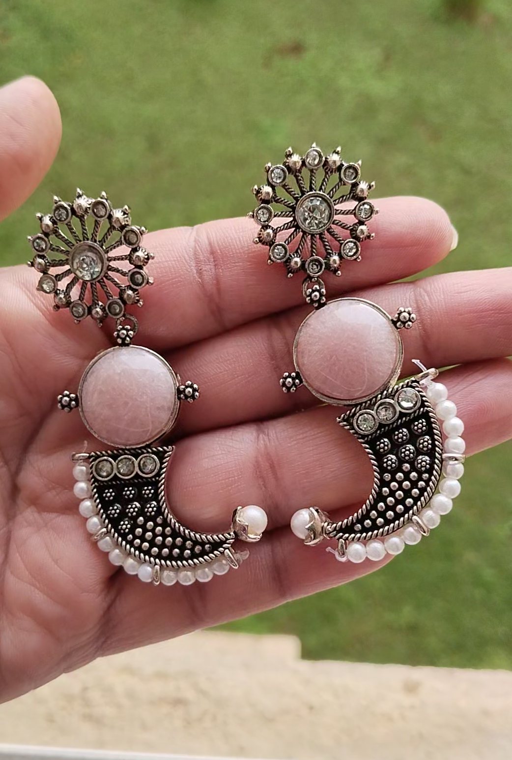 ASC01 Chinmayi Silver tone oxidised earring in sky blue & pink