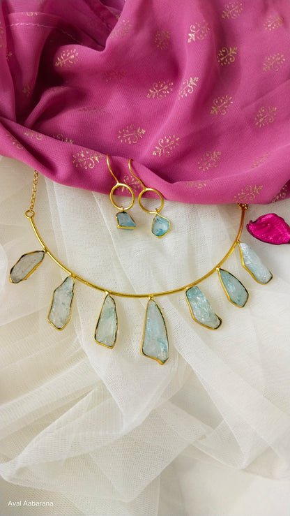 BR1090 - Exclusive Raw stone Husli choker with pretty Earring in sky blue, purple & ice blue colors