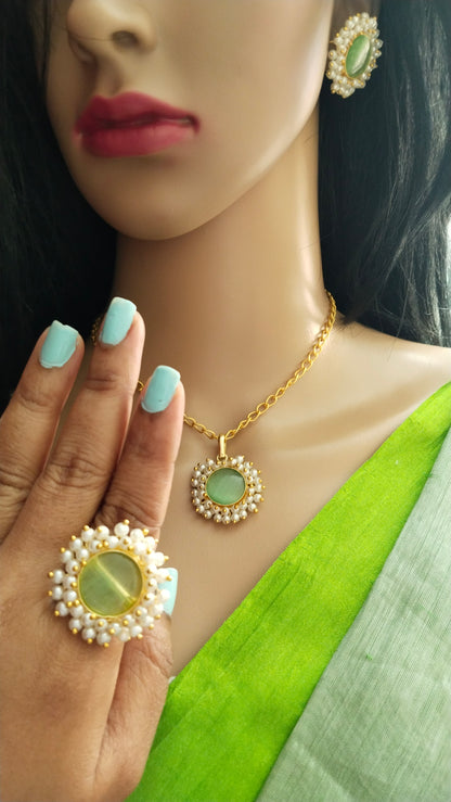 Monalisa stone, adorned with pearl pendant chain combo of chain, earring & a Finger Ring