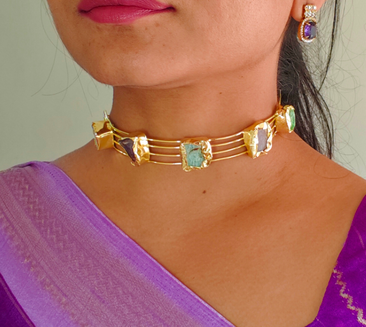 Swara - Multi color Raw stone statement Hasli choker