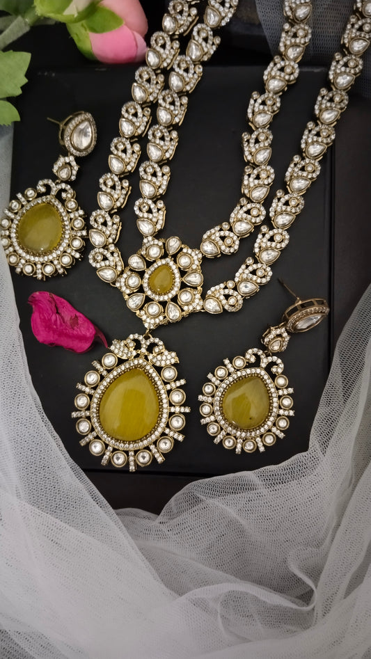 Premium Quality doublet polki long Haram/Har Necklace set with Beautiful earring in Yellow & Sky blue colours