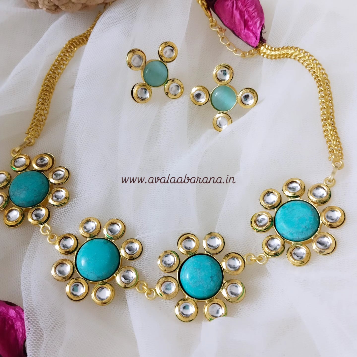 B108 Turquoise stone with kundan stone premium necklace/ choker with earrings