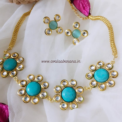 B108 Turquoise stone with kundan stone premium necklace/ choker with earrings