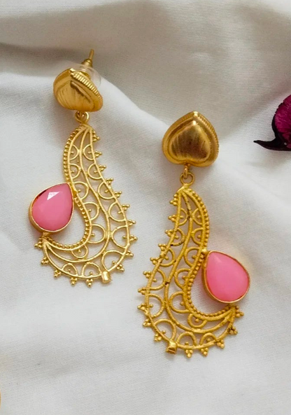 Brass unique shaped turquoise & pink earrings