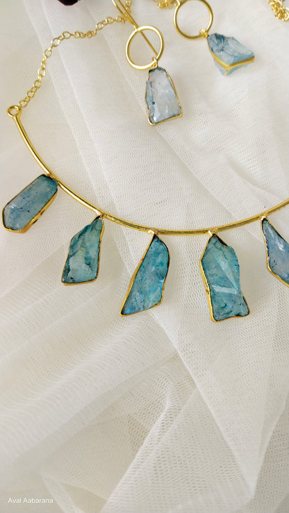 BR1090 - Exclusive Raw stone Husli choker with pretty Earring in sky blue, purple & ice blue colors