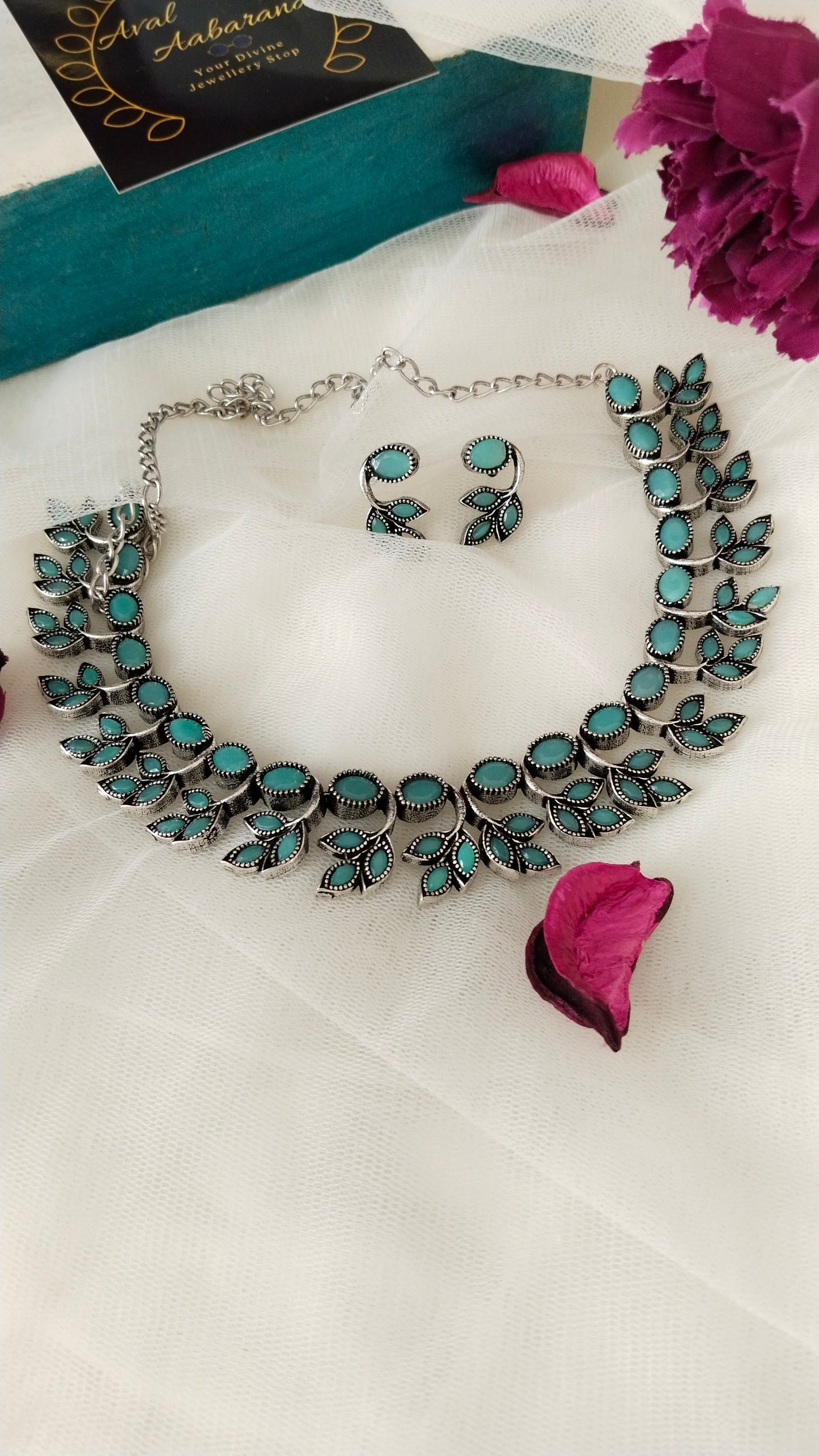 Blue monalisa stone Silver Replica Necklace set