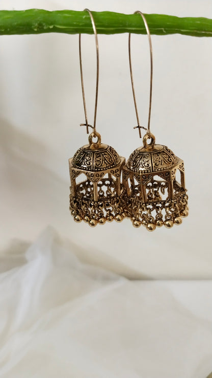 Long hook Jhumka in silver tone & Antique tone