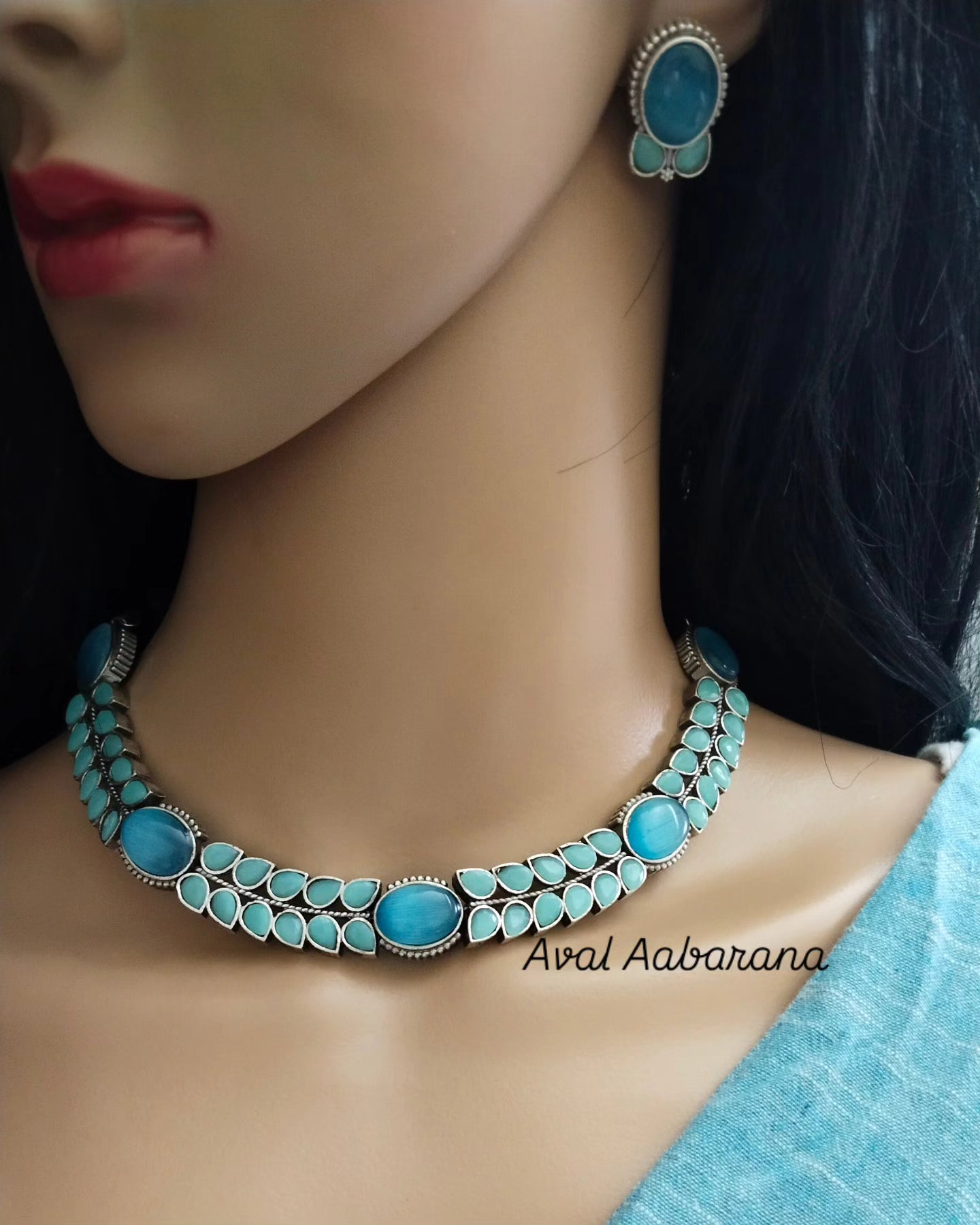 Silver Replica sky blue Neckwear with earrings
