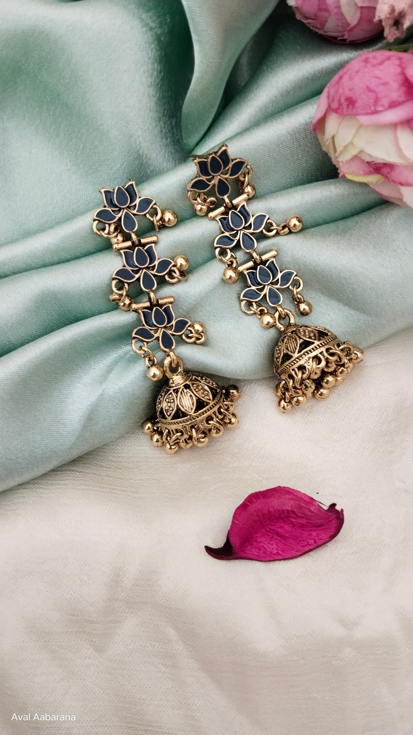 Enamelled Tamara Long navi blue Jhumka earring
