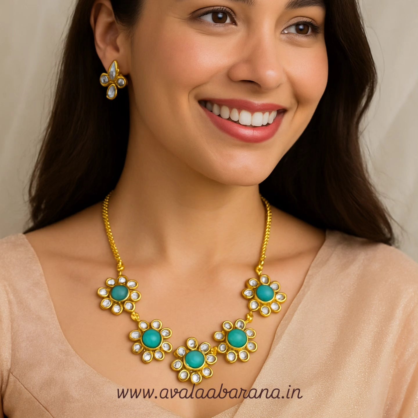 B108 Turquoise stone with kundan stone premium necklace/ choker with earrings