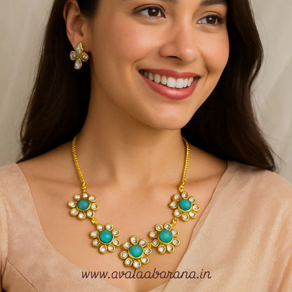 B108 Turquoise stone with kundan stone premium necklace/ choker with earrings