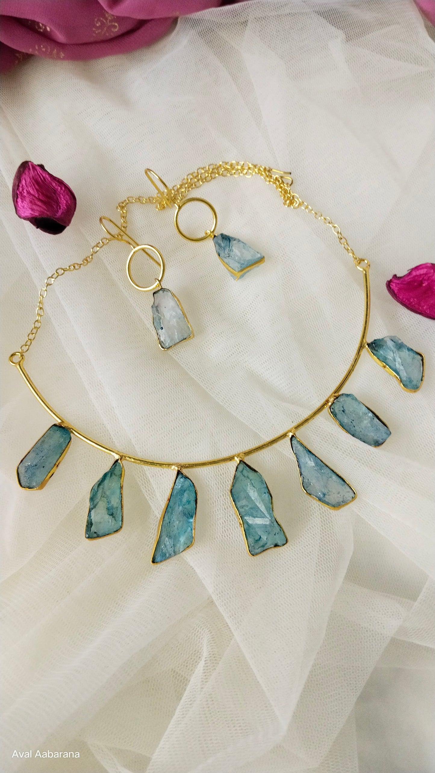 BR1090 - Exclusive Raw stone Husli choker with pretty Earring in sky blue, purple & ice blue colors