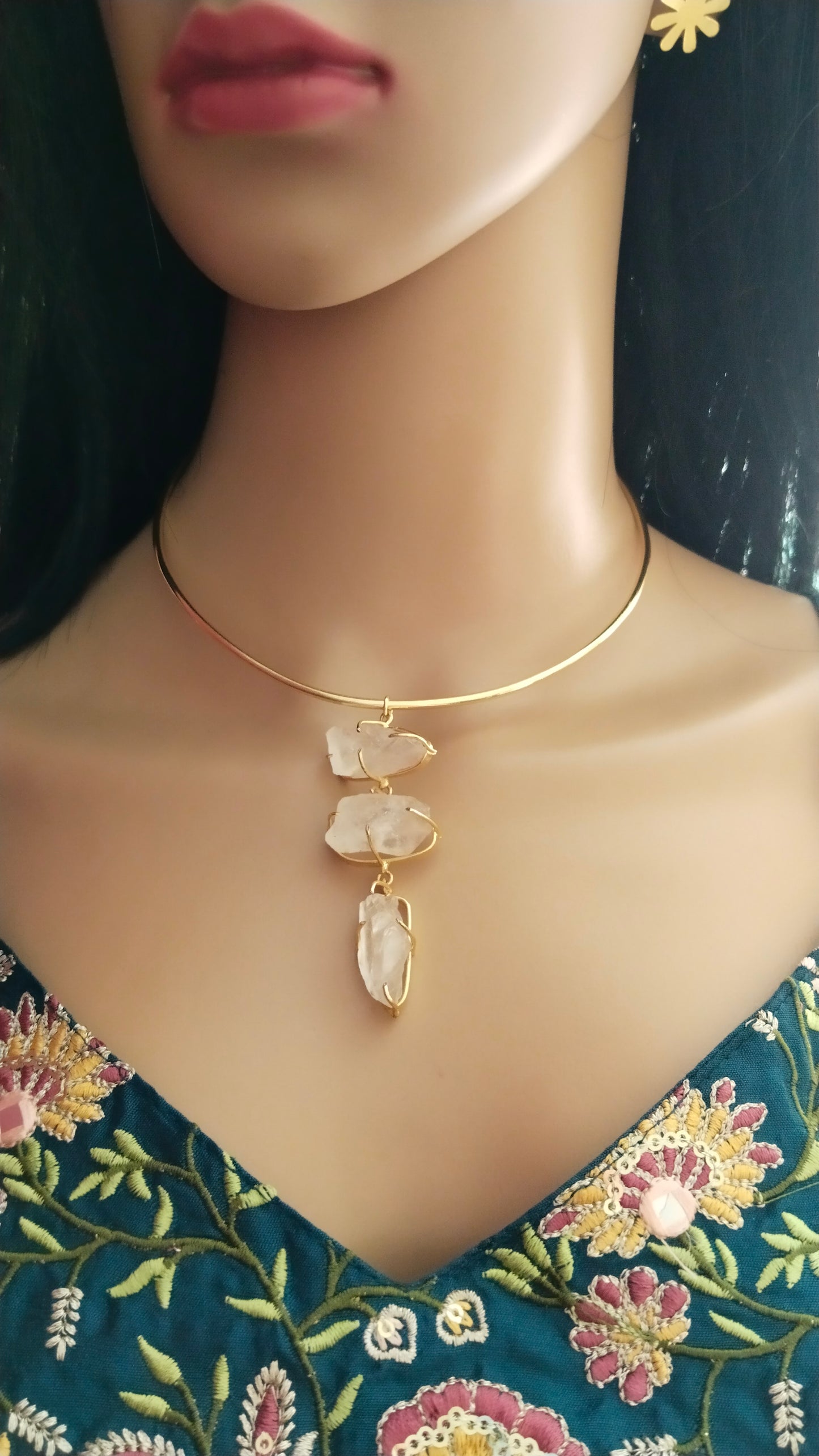 White 3 crystal stone Brass Hasli